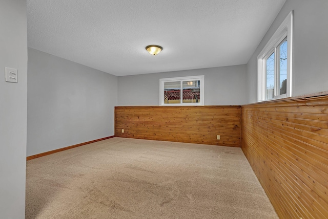 unfurnished room featuring carpet, wood walls, and a textured ceiling