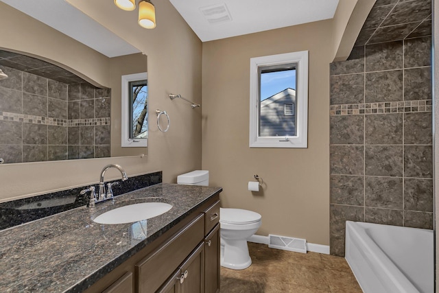 bathroom with visible vents, baseboards, toilet, and vanity