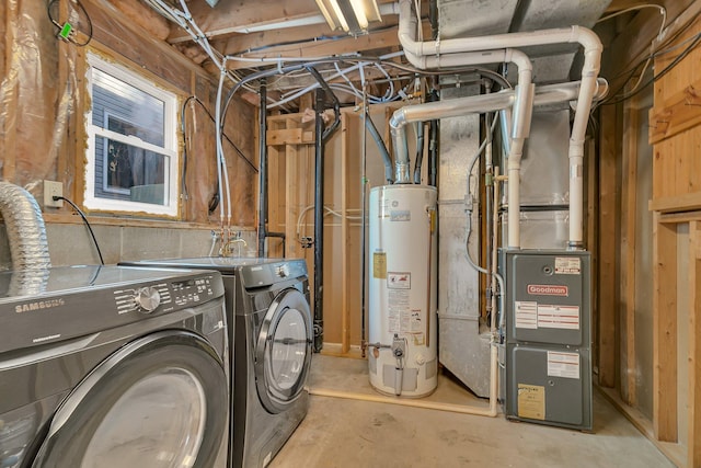laundry room featuring laundry area, water heater, and washing machine and dryer
