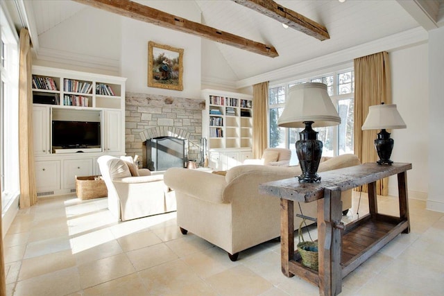 living room with high vaulted ceiling, light tile patterned floors, a fireplace, and beam ceiling