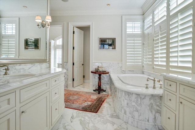 bathroom featuring a relaxing tiled tub, crown molding, plenty of natural light, and a chandelier