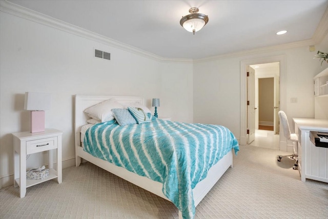 carpeted bedroom with ornamental molding