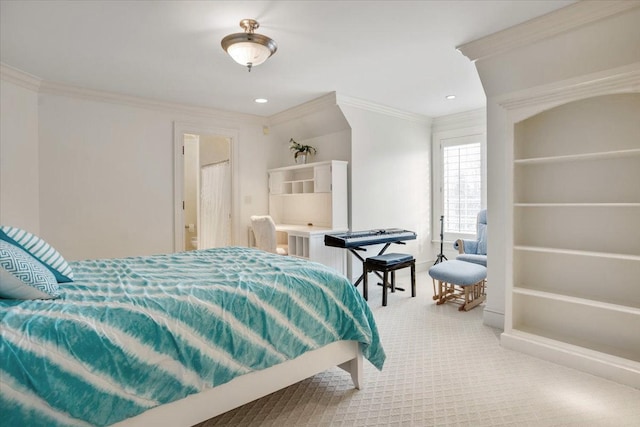 carpeted bedroom with crown molding