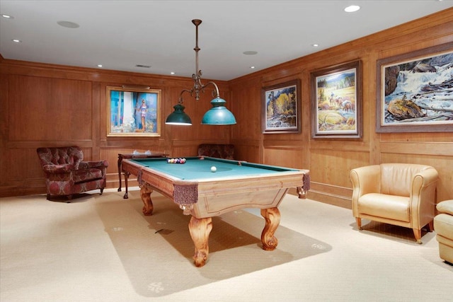 playroom featuring light colored carpet, ornamental molding, and pool table