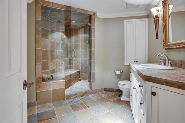 bathroom with ornamental molding, toilet, an enclosed shower, and vanity