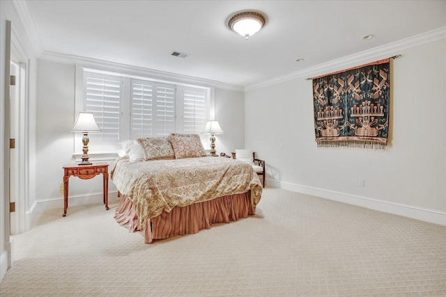 carpeted bedroom with crown molding