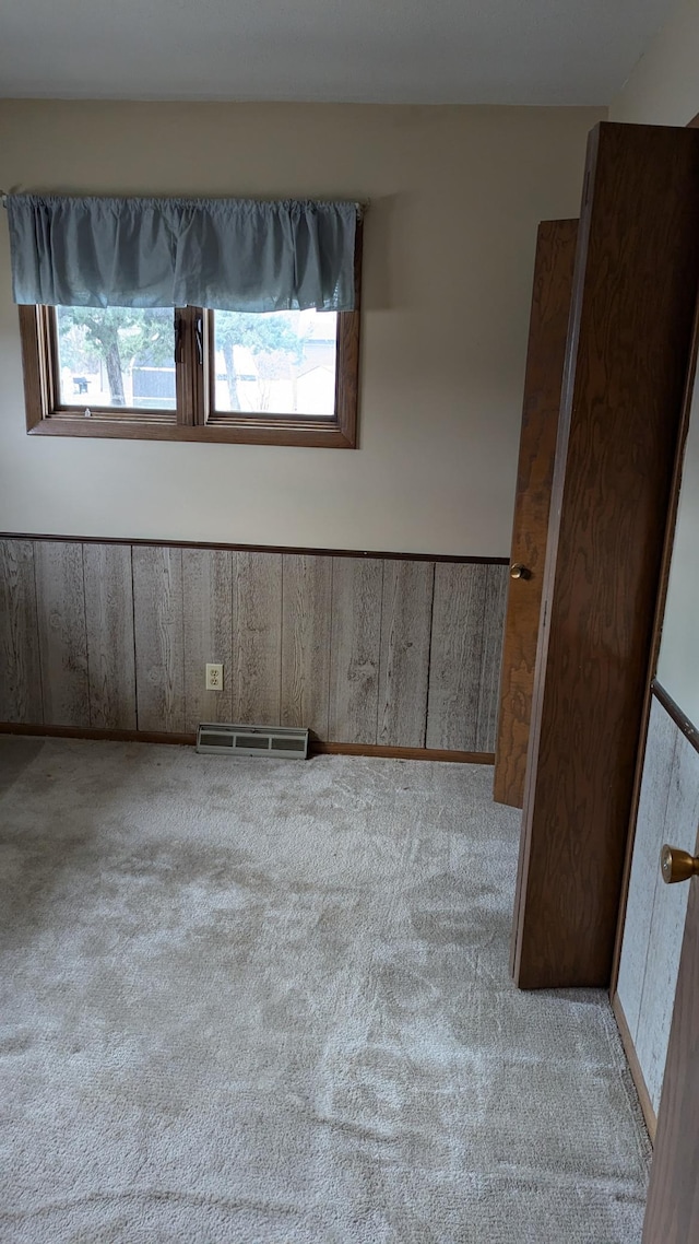 carpeted empty room with wood walls and plenty of natural light