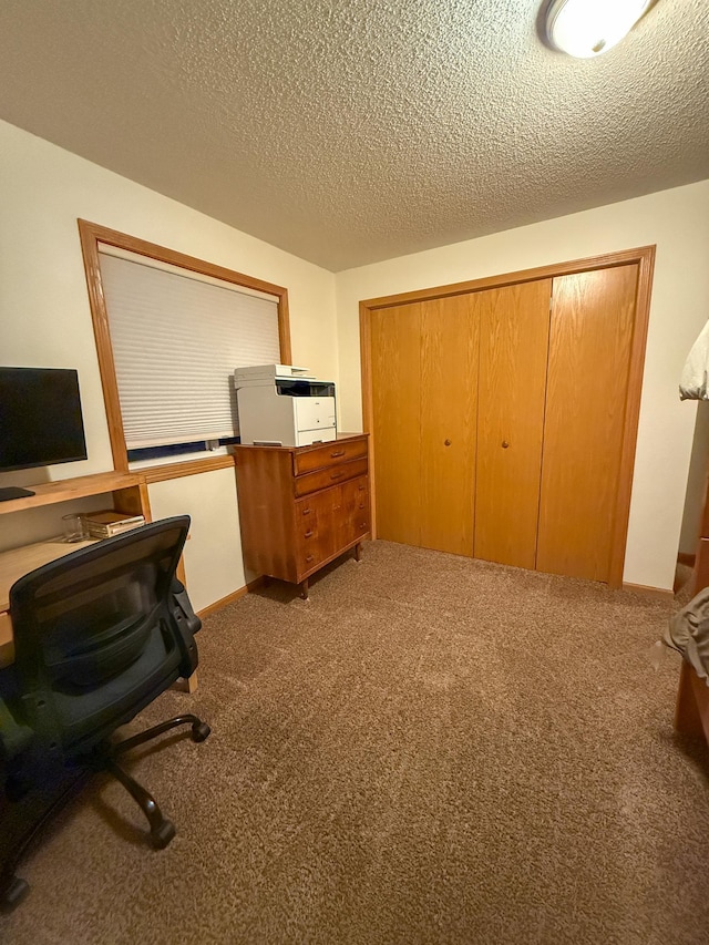 office space featuring a textured ceiling and carpet floors