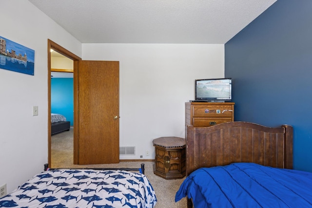 bedroom with carpet floors, a textured ceiling, and a closet