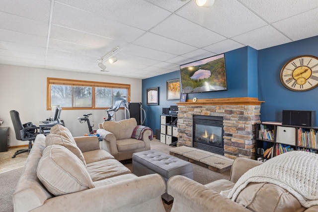 carpeted living room featuring a paneled ceiling and a fireplace