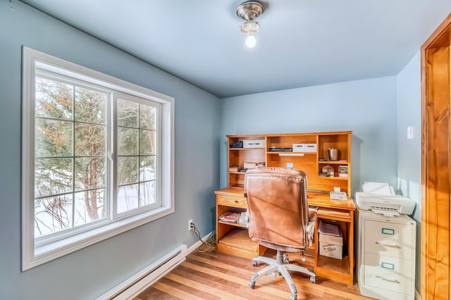 office area featuring light wood-type flooring and a baseboard radiator