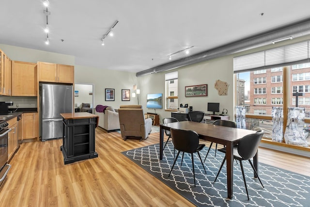 dining space with light hardwood / wood-style flooring