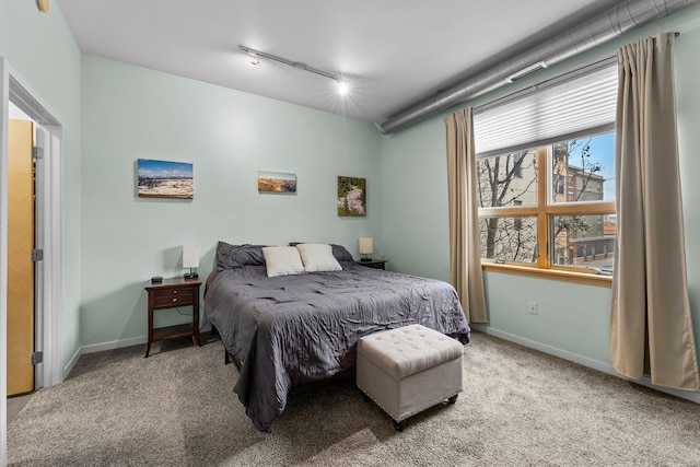 bedroom featuring carpet flooring and rail lighting