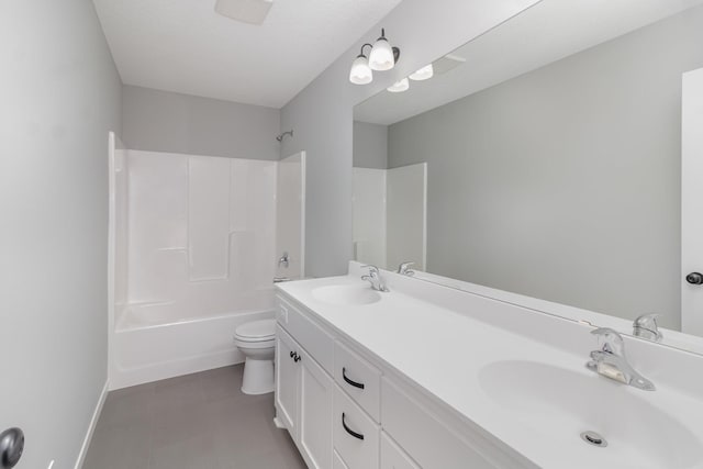 full bathroom with shower / tub combination, vanity, toilet, and tile patterned floors