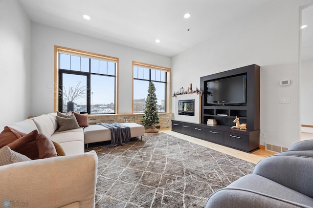 living room with dark hardwood / wood-style flooring