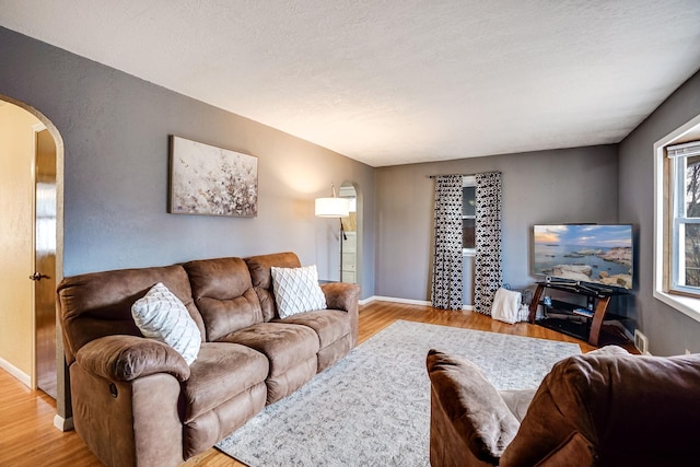 living room featuring a textured ceiling and light hardwood / wood-style flooring