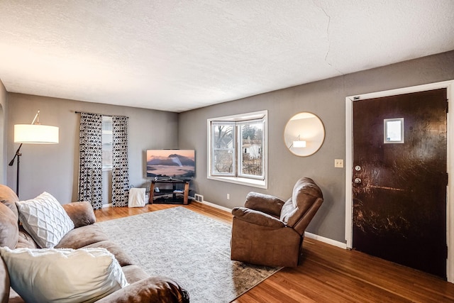 living room with hardwood / wood-style flooring and a textured ceiling