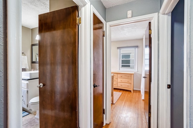 hall featuring a textured ceiling, light hardwood / wood-style floors, and sink