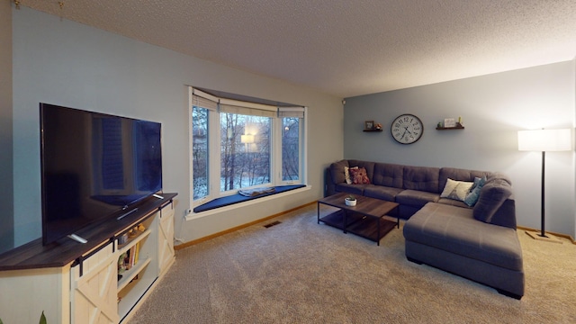 carpeted living room with a textured ceiling