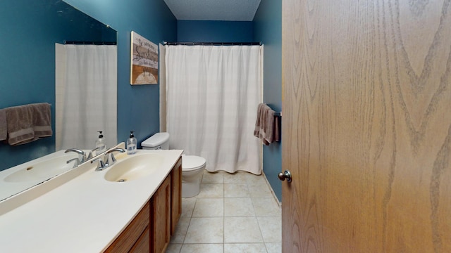 bathroom featuring tile patterned floors, a textured ceiling, toilet, vanity, and a shower with shower curtain