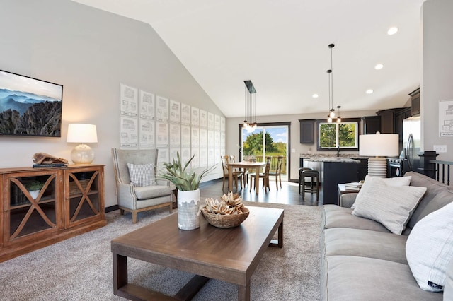 living room with lofted ceiling