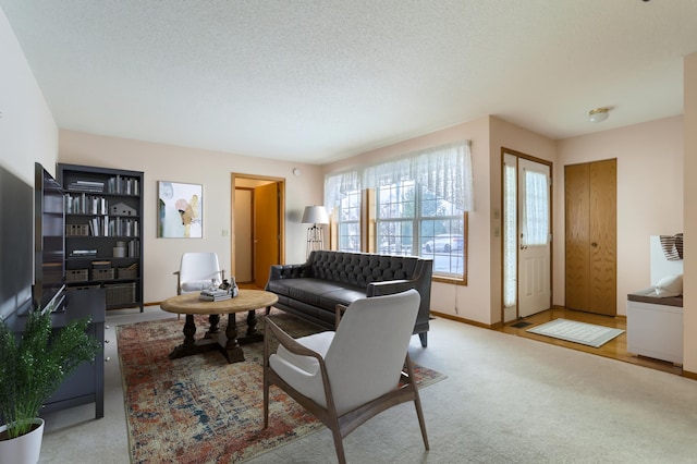 living room featuring light carpet and a textured ceiling