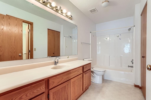 full bathroom featuring shower / tub combination, vanity, a textured ceiling, and toilet