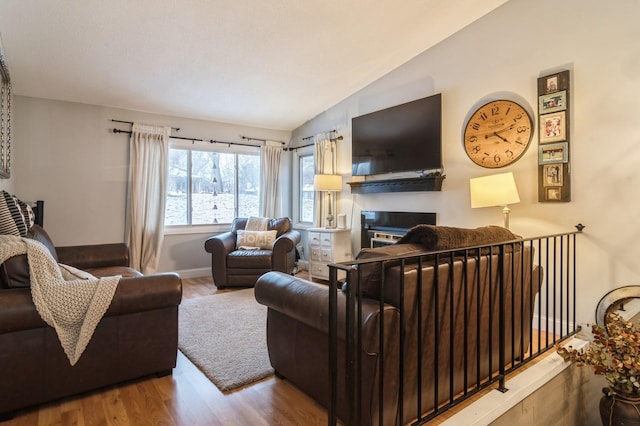 living room featuring vaulted ceiling and hardwood / wood-style flooring