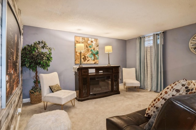 living room with light colored carpet and a textured ceiling