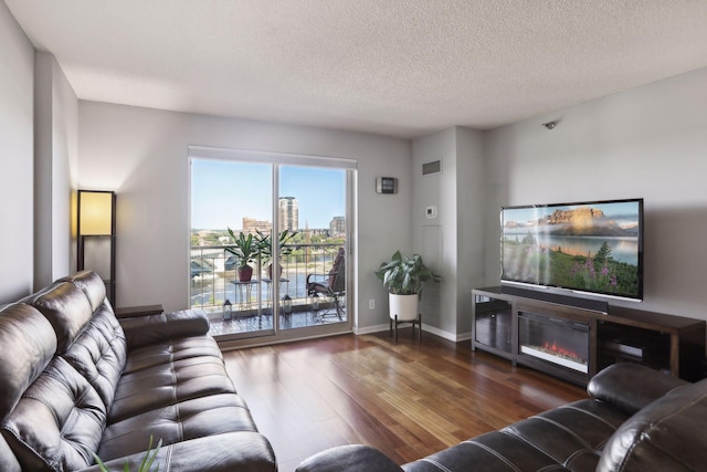 living room with a textured ceiling and dark wood-type flooring