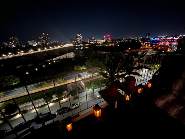 view of balcony at night