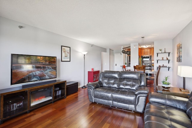 living room with dark hardwood / wood-style flooring and a textured ceiling