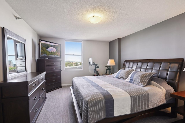 carpeted bedroom with a textured ceiling