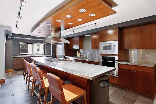 kitchen with island range hood, a kitchen island, rail lighting, and appliances with stainless steel finishes