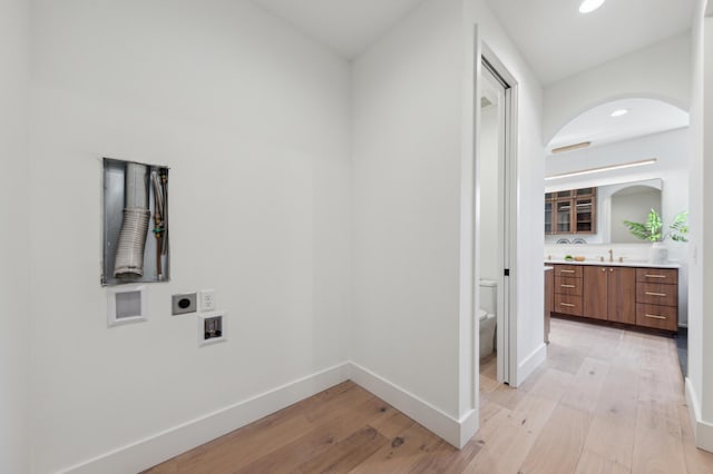 3702 Planting Grn, Stillwater, MN 55082 - washroom with hookup for an electric dryer, light wood-type flooring, hookup for a washing machine, recessed lighting, and arched walkways
