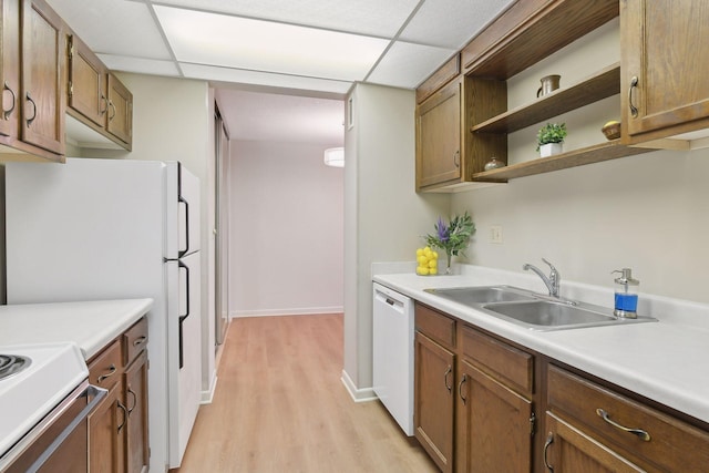 kitchen with light wood-type flooring, white appliances, a paneled ceiling, and sink