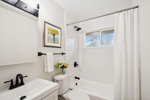 full bathroom with vanity, toilet, and shower / bathtub combination with curtain