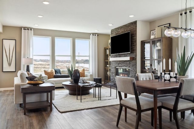 living room featuring a stone fireplace and dark hardwood / wood-style flooring