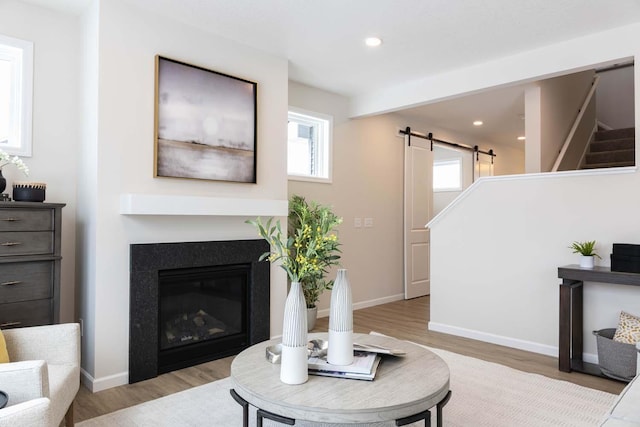 living room featuring a barn door, a healthy amount of sunlight, and light hardwood / wood-style floors