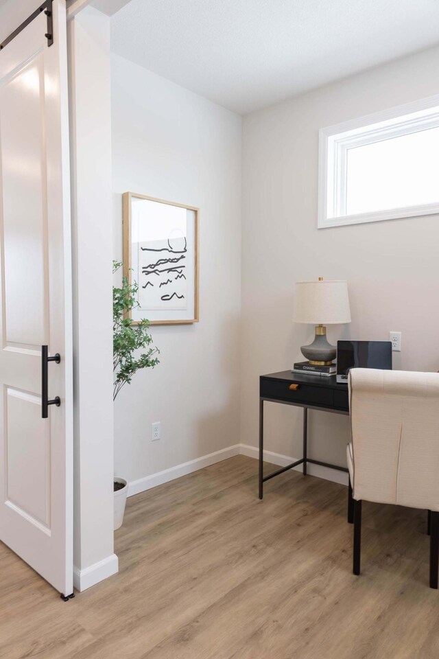 office featuring light hardwood / wood-style floors and a barn door