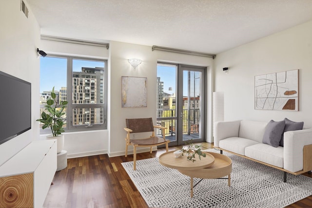 living room featuring a textured ceiling, a healthy amount of sunlight, and dark hardwood / wood-style floors