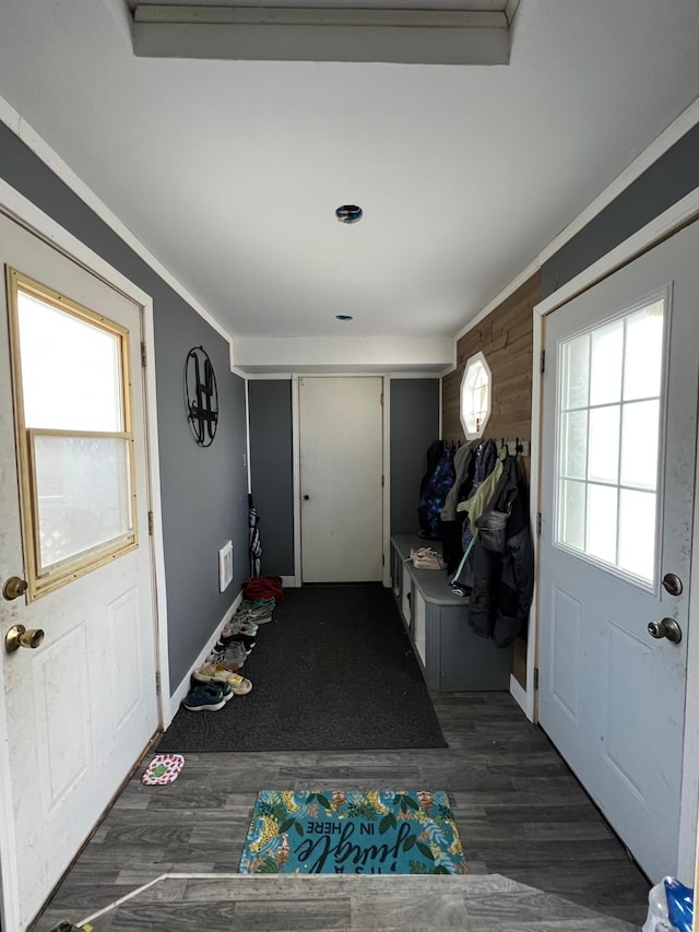 doorway to outside featuring dark hardwood / wood-style flooring and crown molding