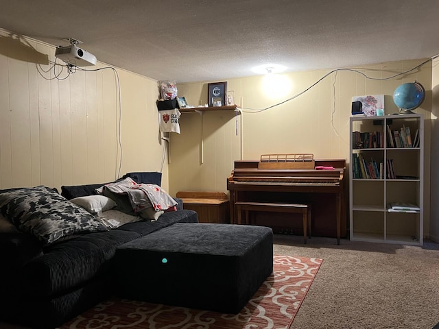 carpeted living room with a textured ceiling