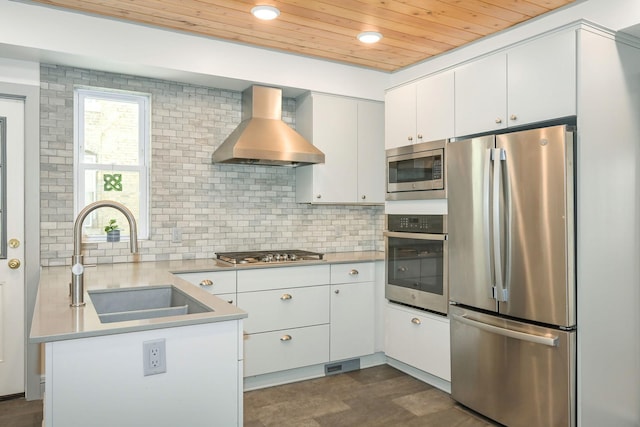 kitchen with white cabinetry, sink, wall chimney exhaust hood, wood ceiling, and appliances with stainless steel finishes