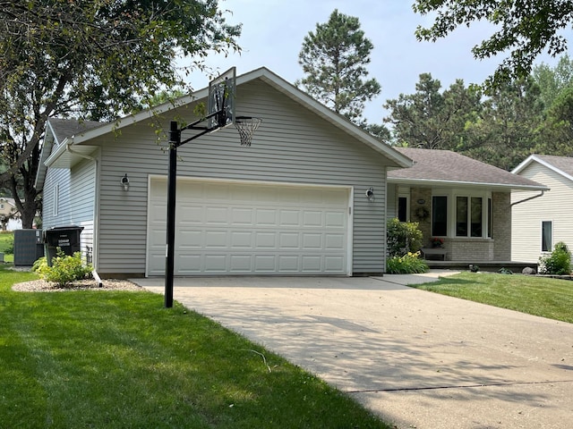 single story home featuring central AC unit, a garage, and a front yard