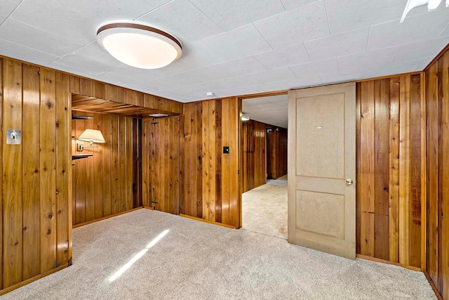 spare room featuring light carpet and wooden walls