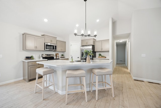 kitchen with appliances with stainless steel finishes, gray cabinets, light countertops, and a kitchen breakfast bar