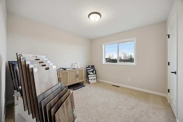 misc room with light carpet, a textured ceiling, visible vents, and baseboards