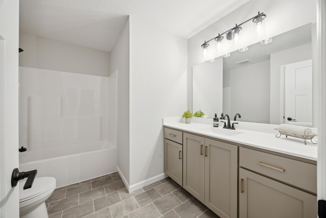 full bathroom with shower / bathtub combination, visible vents, toilet, vanity, and baseboards