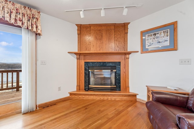 living room featuring hardwood / wood-style flooring, a fireplace, and rail lighting